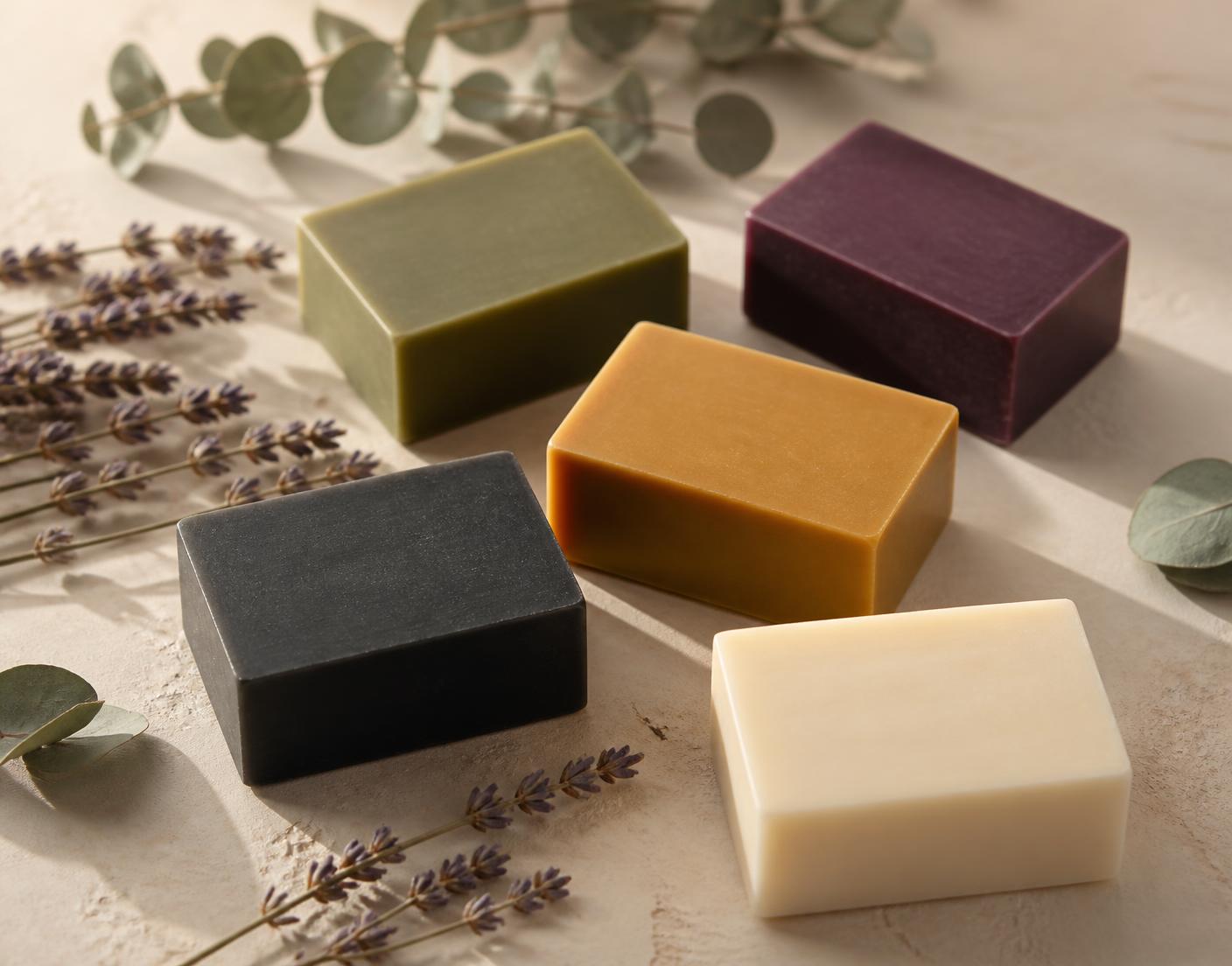 Five Glow soap bars in green, plum, ochre, charcoal and cream on a cream plaster surface with lavender and eucalyptus